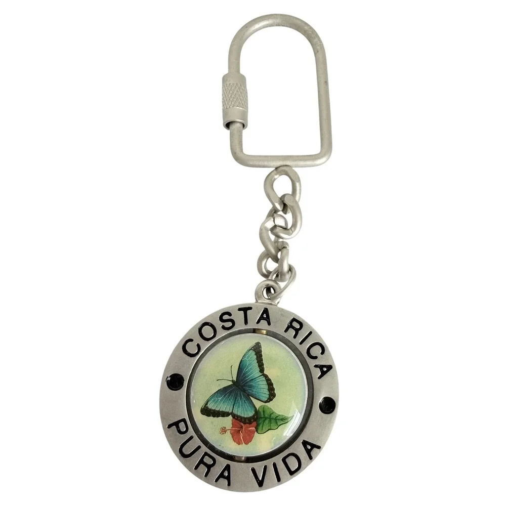 Costa Rica Pura Vida Keychain Adult OS Silver Blue Morpho Butterfly Spinning